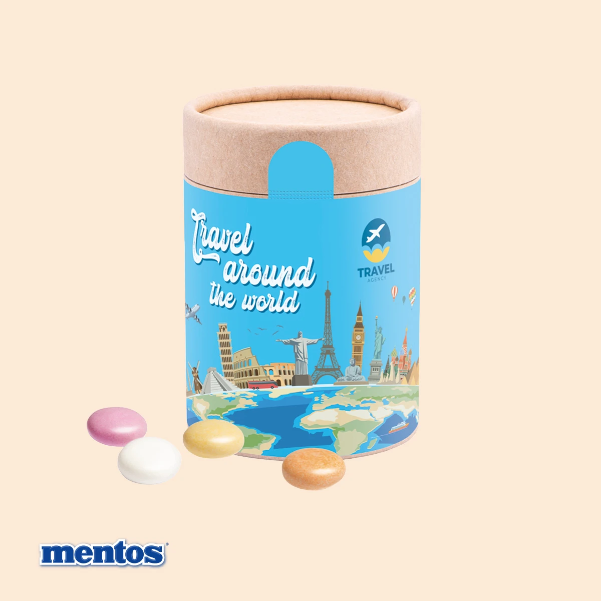 Papierdose Eco Maxi mit Mentos Kaudragees Fruit