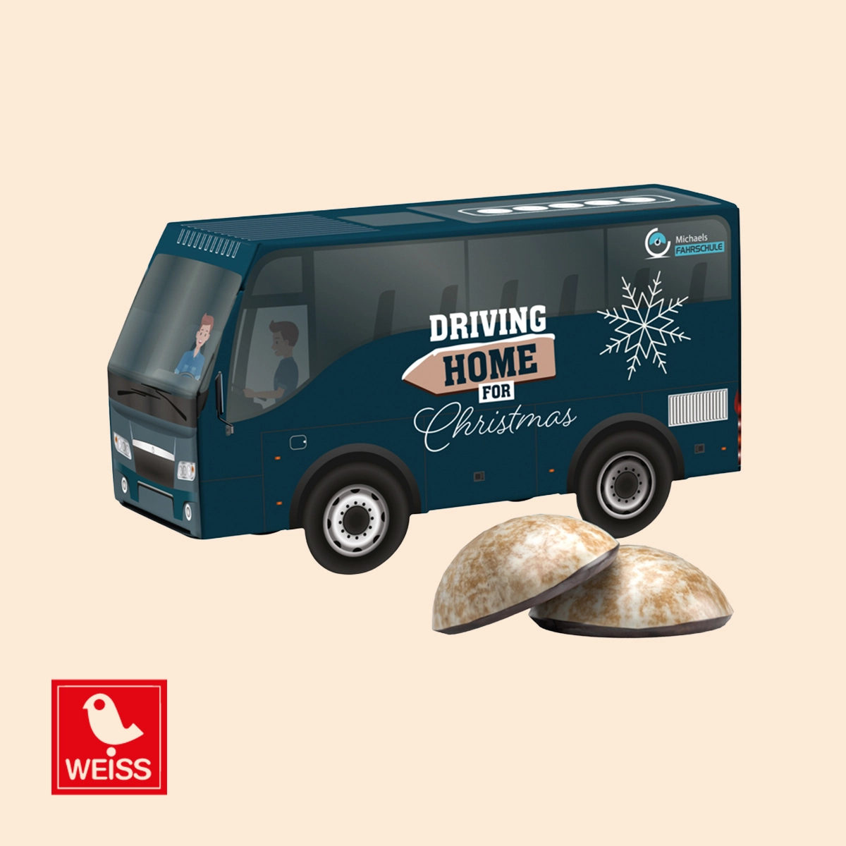 3D-Präsent Bus, Weiss 4er Lebkuchen Mini