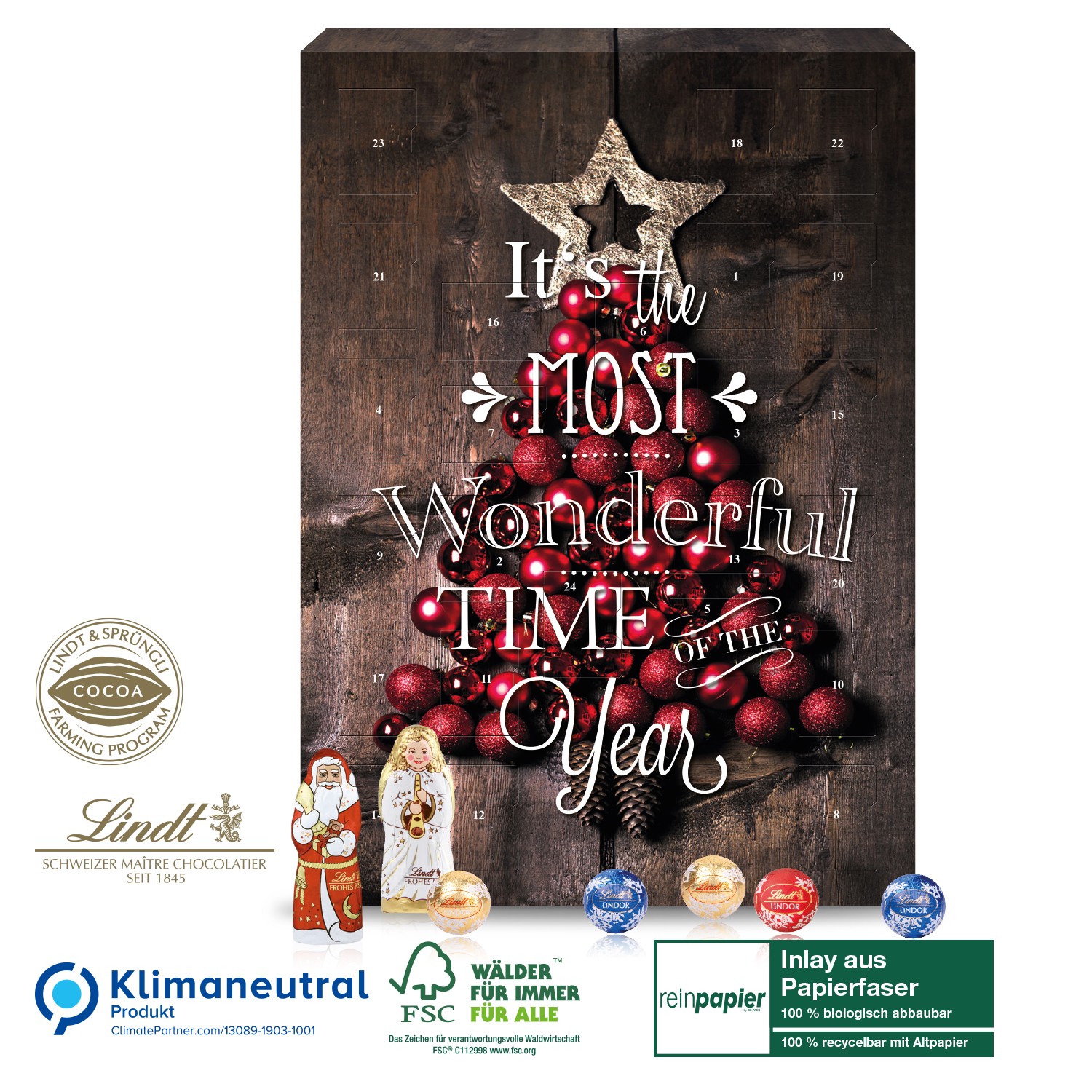 Wand-Adventskalender Lindt Weihnachtsmann „Gourmet Edition" title=