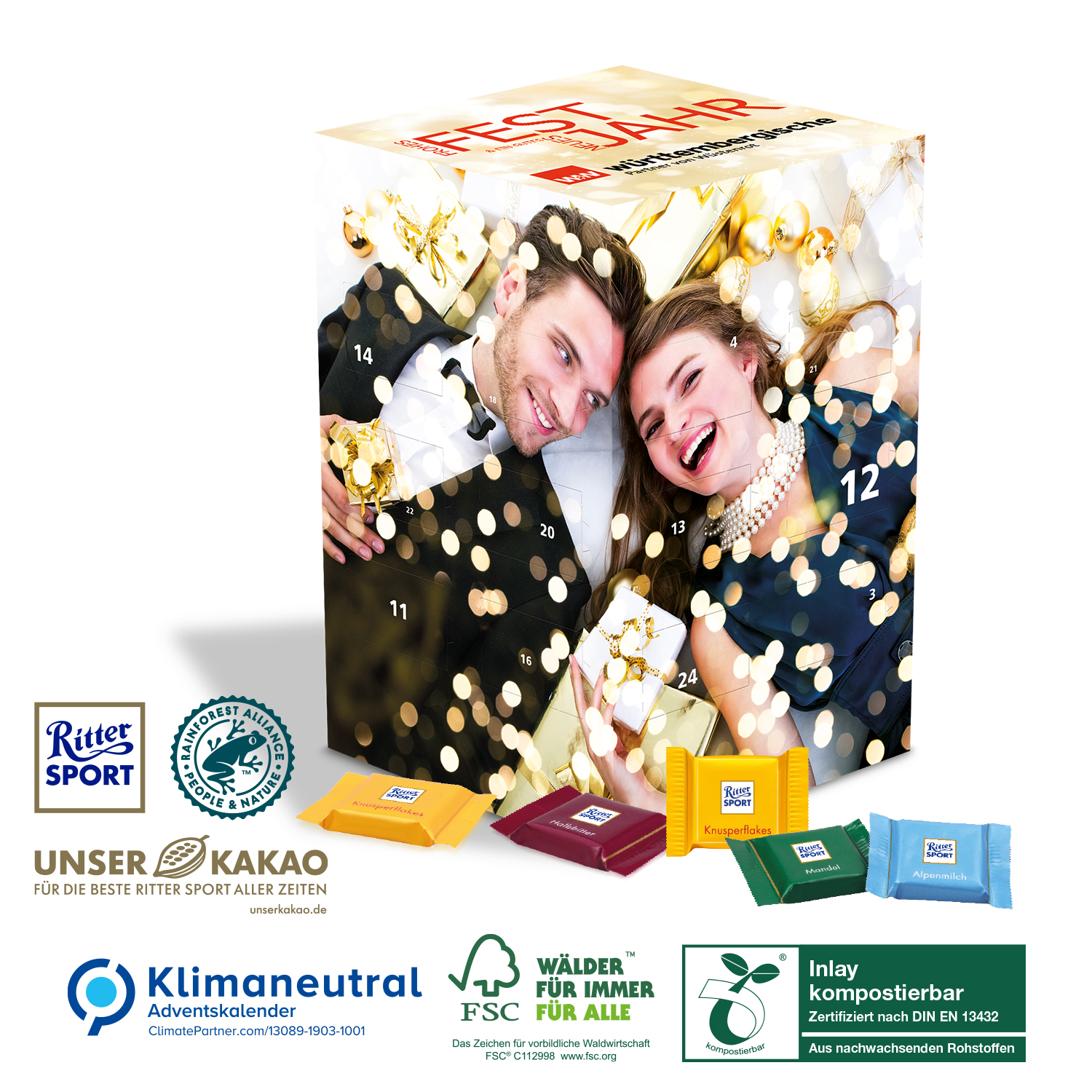 Cube XL Adventskalender Ritter SPORT - kompostierbares Inlay title=