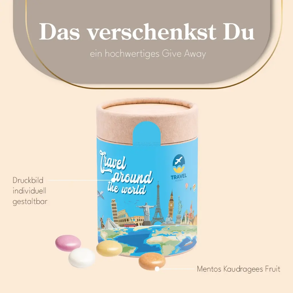 Papierdose Eco Maxi mit Mentos Kaudragees Fruit