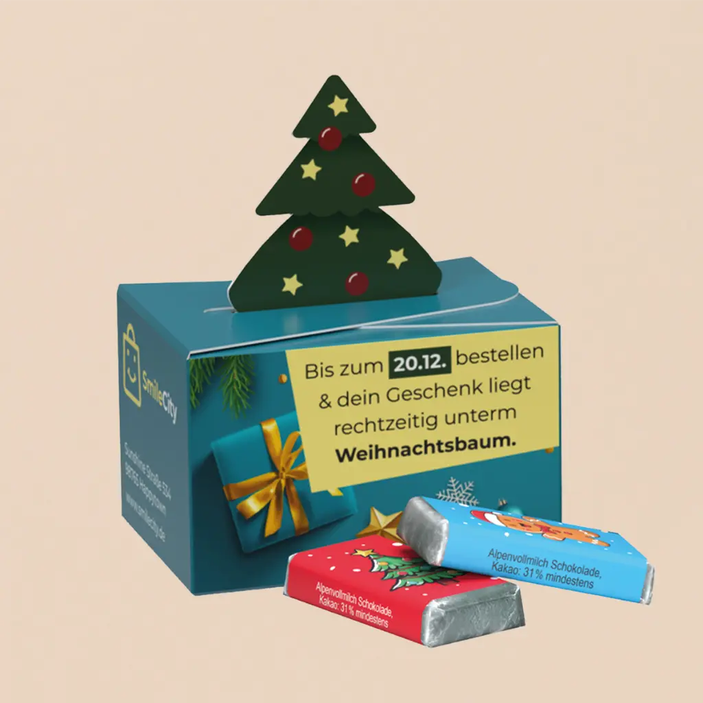 Geschenkbox Mini Tanne, Alpenmilch Schokotäfelchen 