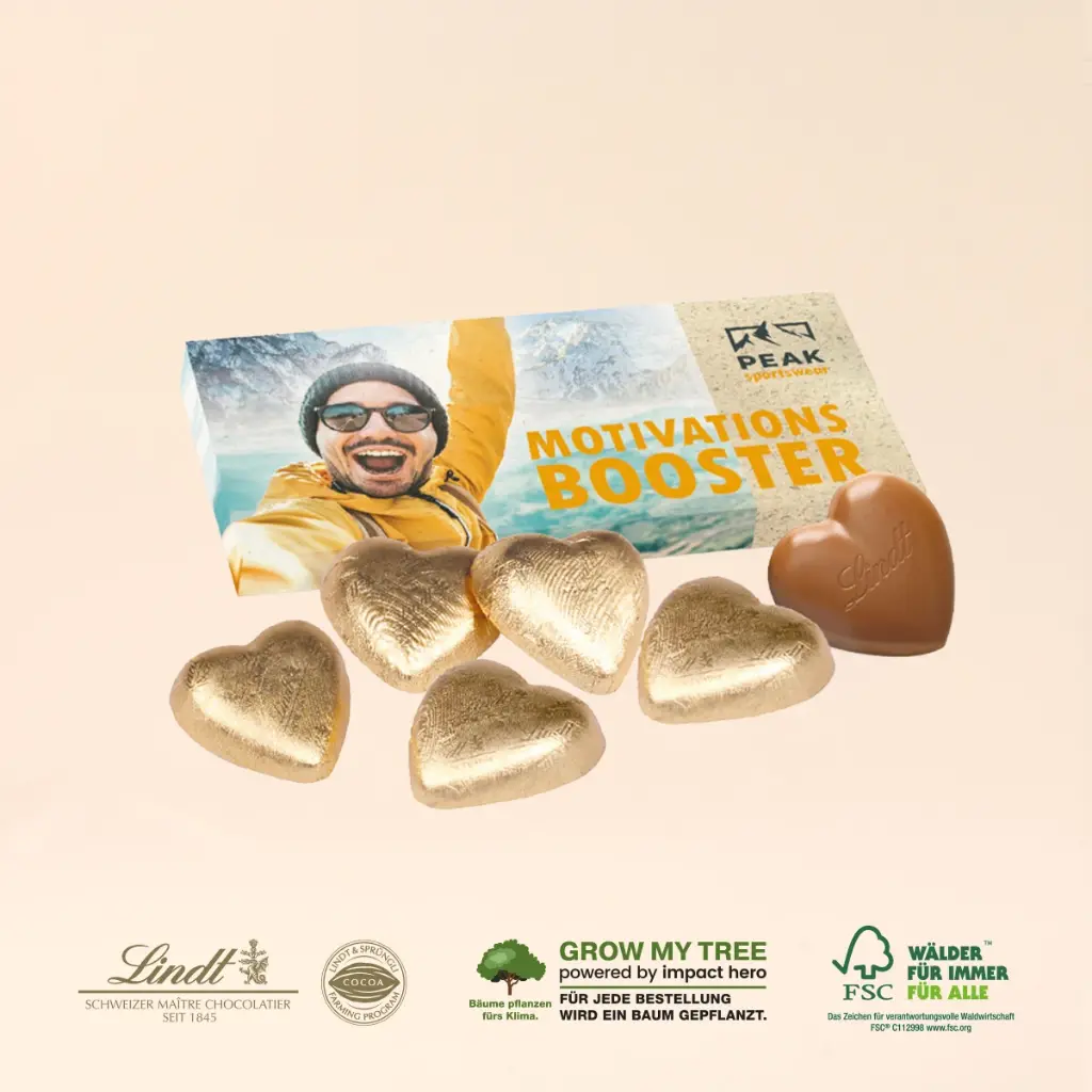 Präsentbox mit Lindt Schokoherzen, Graspapier