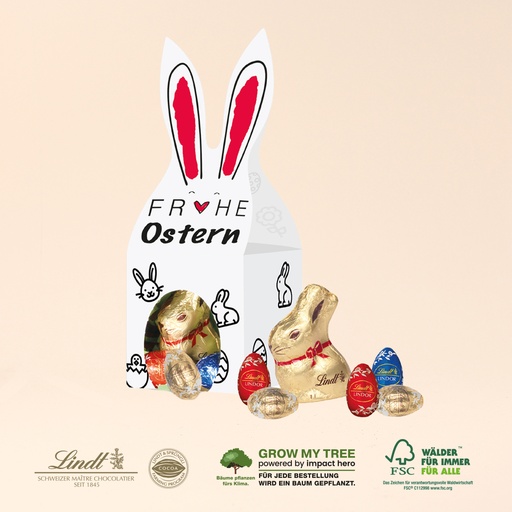 [94652] 3D Präsent „Häschen“ mit Lindt Eier und Goldhase