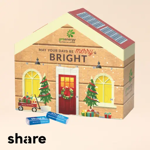 [1091-S] Adventskalender Haus, share-Schokotäfelchen