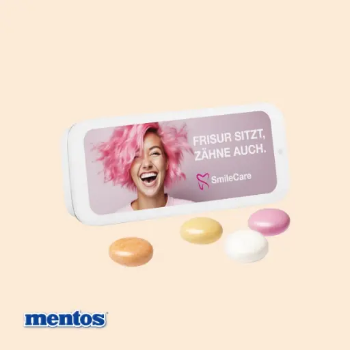 [1116] Schiebedeckeldose, weiß, Mentos Kaudragee Fruit